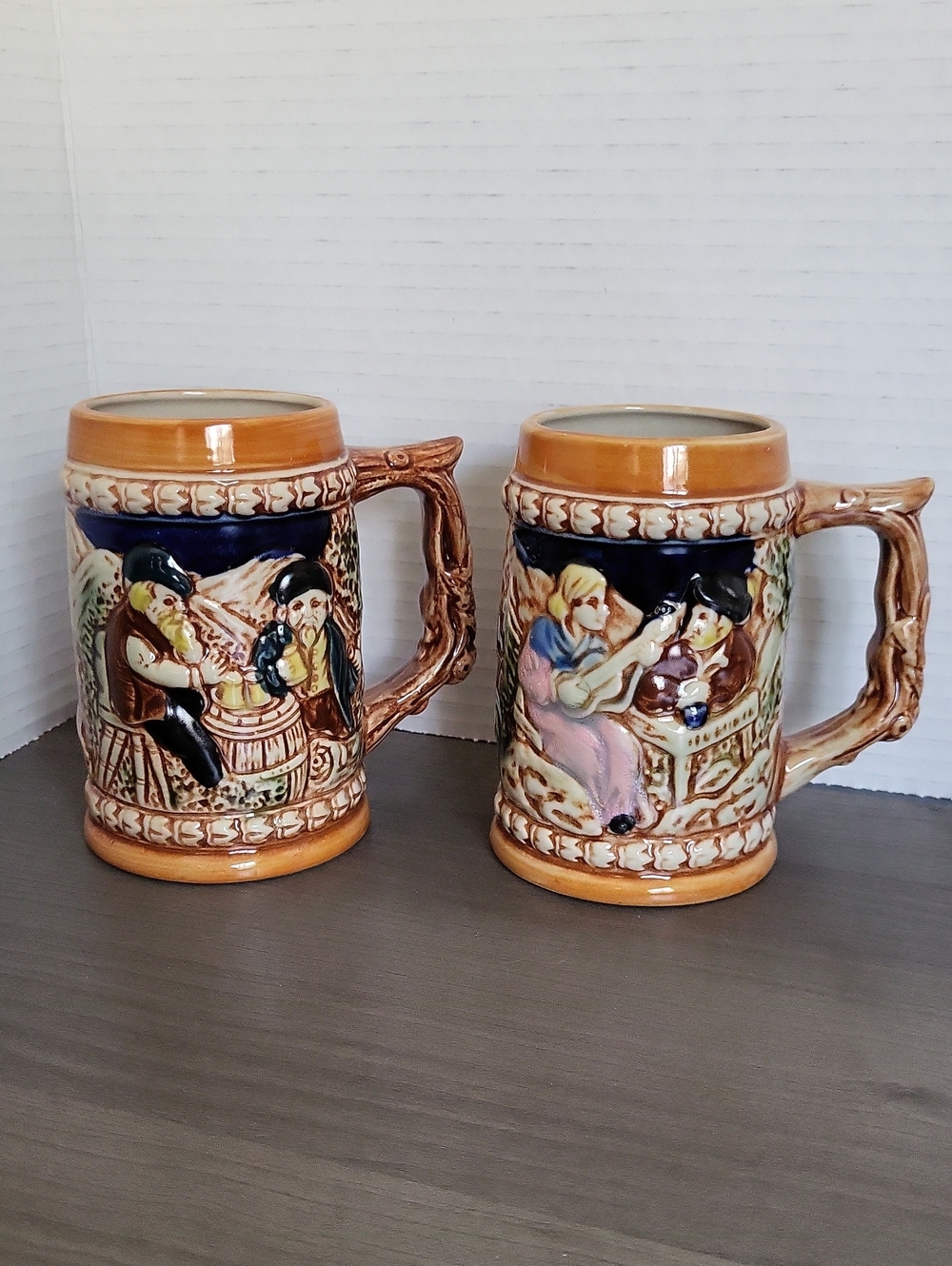 Vintage Style Ceramic Beer Steins Set of 2 Embossed art MCM Japan